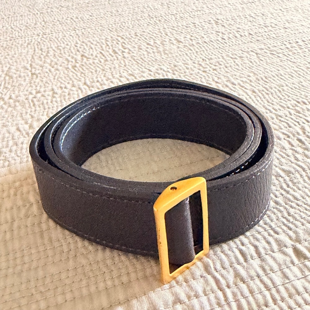 Navy Blue Women Leather Belt with Gold Buckle Textured Pebble Grain Minimalist M
